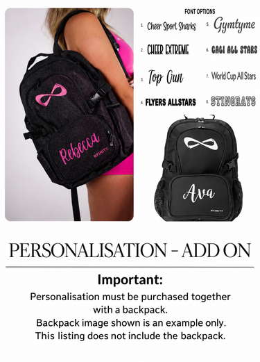 Backpack personalisation add-on: must be purchased together with a backpack. Backpack not included.